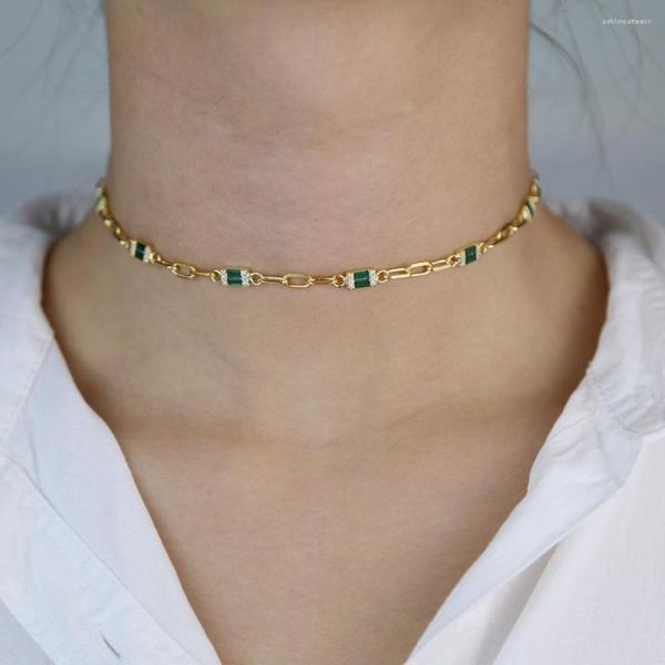 Подвесные ожерелья высококачественная золотосекатая зеленая красная синяя красочная багэтт Cz Открытая цепочка Cz Choker Collece для женщин 32 10 см моды