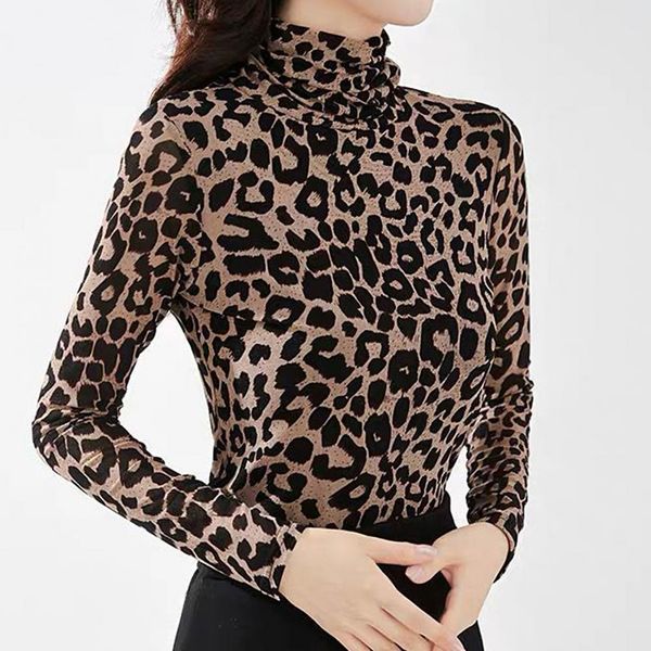 Tute da donna Pagliaccetti Donne sexy dolcevita manica lunga stampa leopardata autunno camicetta basic Tshirt 221123