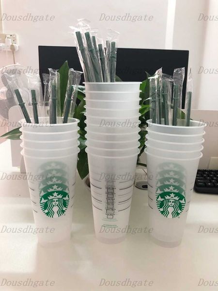 DHL-freier Starbucks 24OZ/710ml Plastikbecher, wiederverwendbar, klarer Trinkbecher mit flachem Boden, säulenförmiger Deckel, Strohbecher, Bardian PKC3