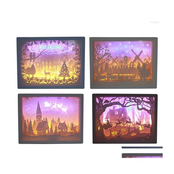 Decorazioni natalizie Decorazioni natalizie Forest Deer House Papercut Light Box 3D Paper Carving Shadow Led Night Lamp Plastic Fram Dhtbp