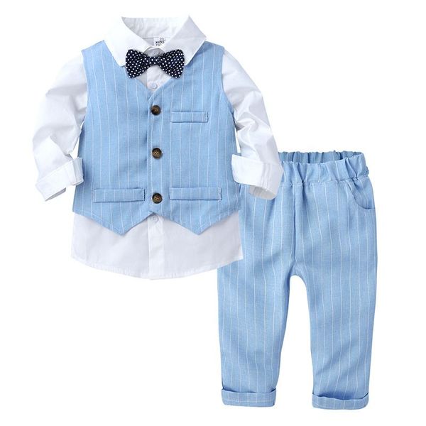 Set di abbigliamento per gentiluomini per bambini 3 pezzi / set Papillon per bambini Gilet scozzese a righe Pantaloni bavero Camicia a maniche lunghe Abiti per feste di compleanno per bambini Primavera Autunno Abiti per ragazzo