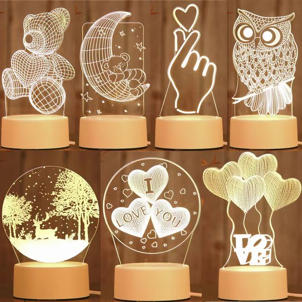 Atenda com coração 3d Night Light Creative Led Bedroom Decoração de mesa pequena lâmpada de mesa Romântico Padrão colorido Bedroom Presente Decoração de casa Lâmpada VT1487