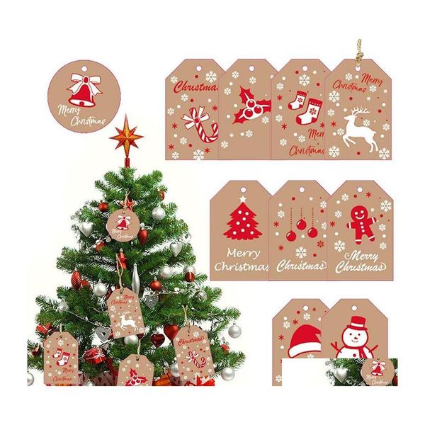 Decorazioni natalizie Decorazioni natalizie Retro Etichetta di carta Kraft Fiocco di neve Albero di Natale Regalo di Babbo Natale Campana Tag Carte di benedizione fai da te Dhwgi