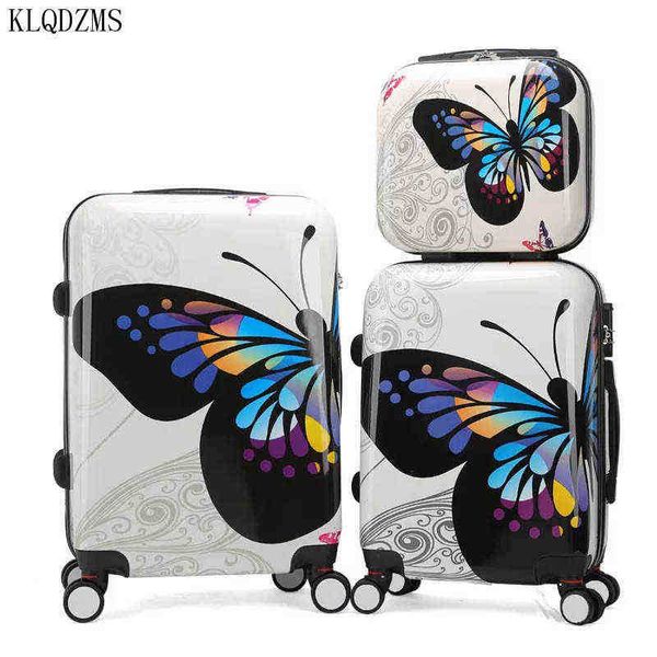 Klqdzms nova polegada fofa linda butterfly rolling bagagem giratória vestindo na mala de bonde roda de bolsa de viagem j220707