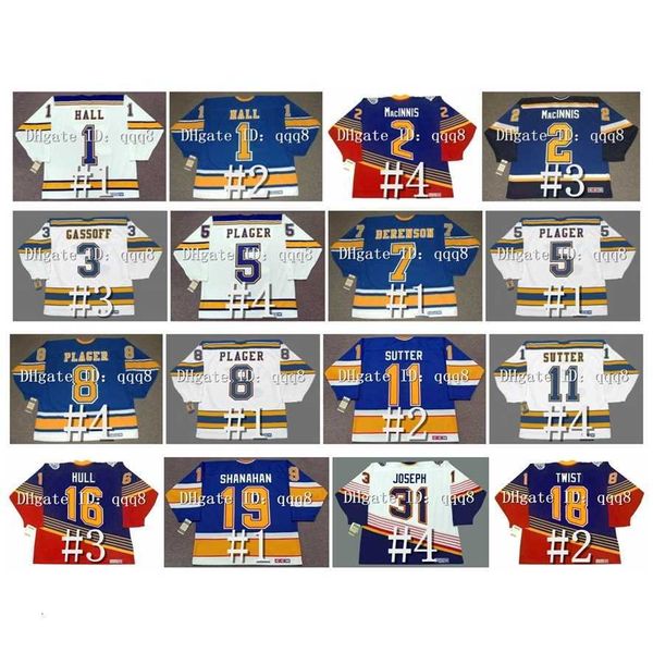 L'hockey universitario indossa maglie da hockey vintage CCM GLENN HALL AL MacINNIS BOB GASSOFF BOB PLAGER GARRY UNGER RED BERENSON BRETT HULL BRENDAN SHANAHAN BERNIE