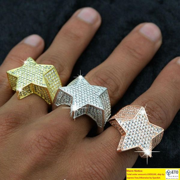 Мужская 3D звезда 14K золотые медные кольца Bling Out Cz Stone Star Shape Кольцо Золото серебряное серебристое розовое ювелирные изделия