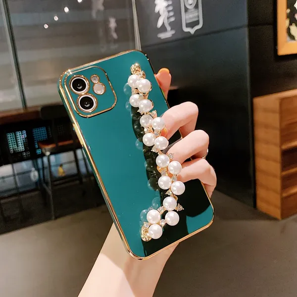 Мода 6D с мягкой TPU корпус для iPhone 15 14 Pro Max 13 12 11 XR 8 7 14 Plus Luxury Girls Lady Bling Chromed Metallic с запястьем Chian Brap Pearl Bracelet Cople Phone Cople