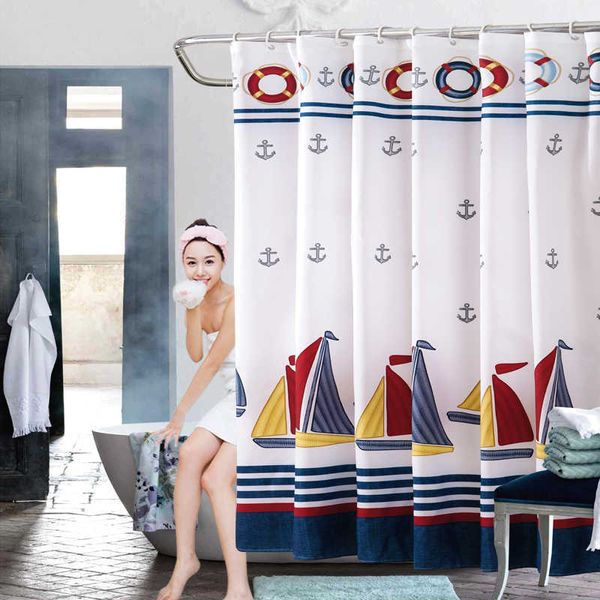 Cortinas de chuveiro para barco à vela estilo verão náutico azul marinho listrado cortinas de banho à prova d'água tecido poliéster cortina de chuveiro com gancho