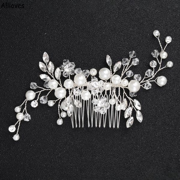 Cabeças de cabeça de nupcial de cor prata Tiara Hair pente para mulheres pérolas de cristal pêlos de cabelo acessórios para cabelos de casamento jóias de cabeceira de noiva CL1497