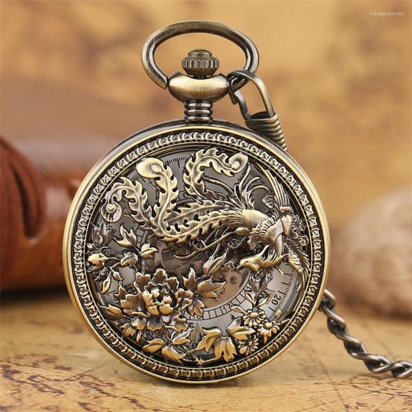 Orologi da tasca Bronzo antico Squisito orologio meccanico scheletrato Phoenix Orologio automatico a carica automatica con pendente Quadrante con numeri romani