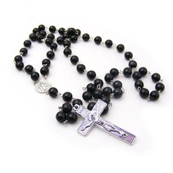 Schwarz Rosenkranz Halskette Religiöser elegantes katholisches Big Cross Pendent für Frauen Männer Mode Perlen Jewerly Accessoires