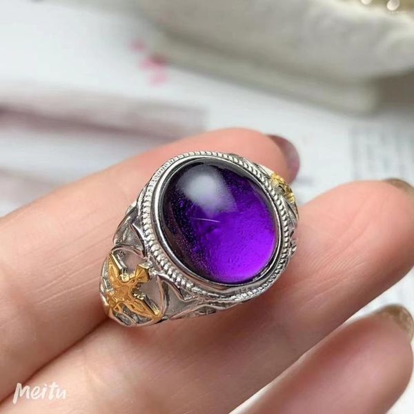 Clusterringe Mode Mann Ring natürlicher und echter Amethyst 925 Sterling Silber Big Edelsteinmänner