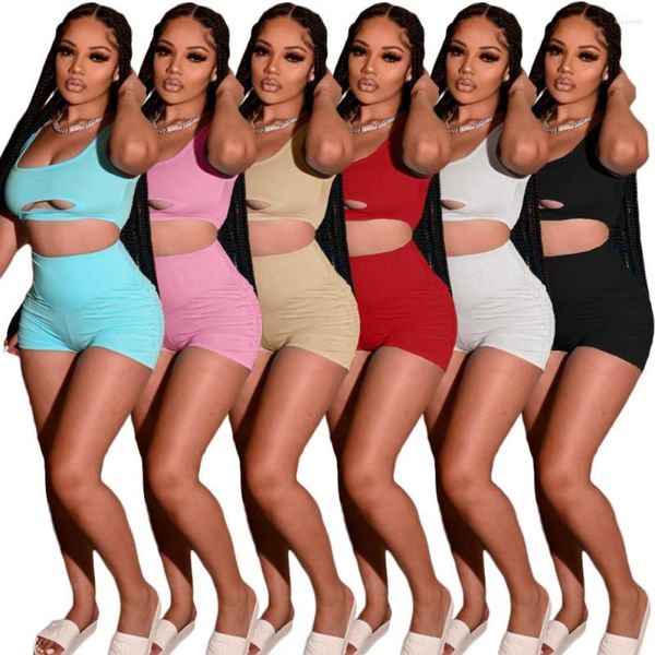 Rousistas femininos de atletismo sexy 2pcs Roupa Hollow Out Vest Crop Tops Tops casuais calças curtas laterais laterais mini shorts apertados