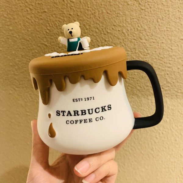 Starbucks Öko-Saison-Latte-Bär-Becher mit Silikagel-Deckel, Keramik-Kaffee-Milch-Becher I0Y0