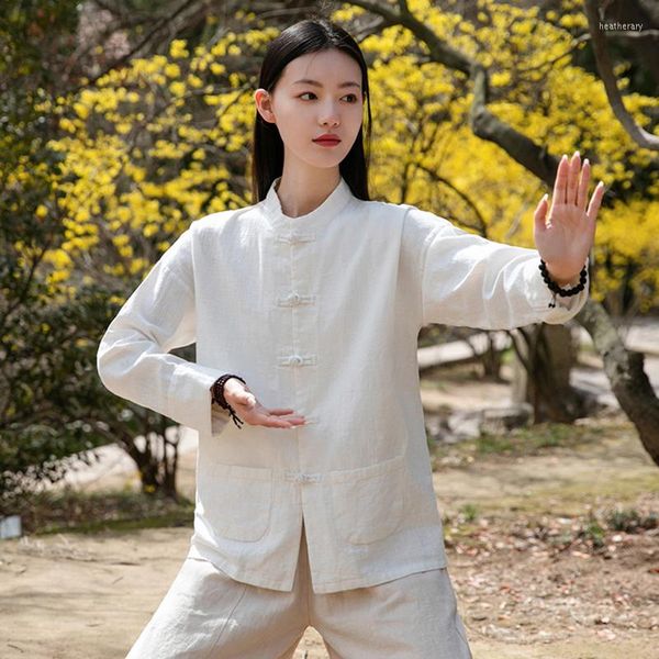 Ethnische Kleidung Weiß Gelb Cheongsam Tops Mäntel Frauen Chinesischen Stil Leinen Tang Retro Jacken Tai Chi Hanfu Shirts Mode Oriental