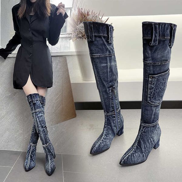 Botas 2022 Sexy Jeans Botas Femininas KneeHigh Boot Zíper 6Cm Salto Alto Mulher Elegante Jeans Botas Senhoras Denim Barco Sapatos Femininos Cowboy J220923