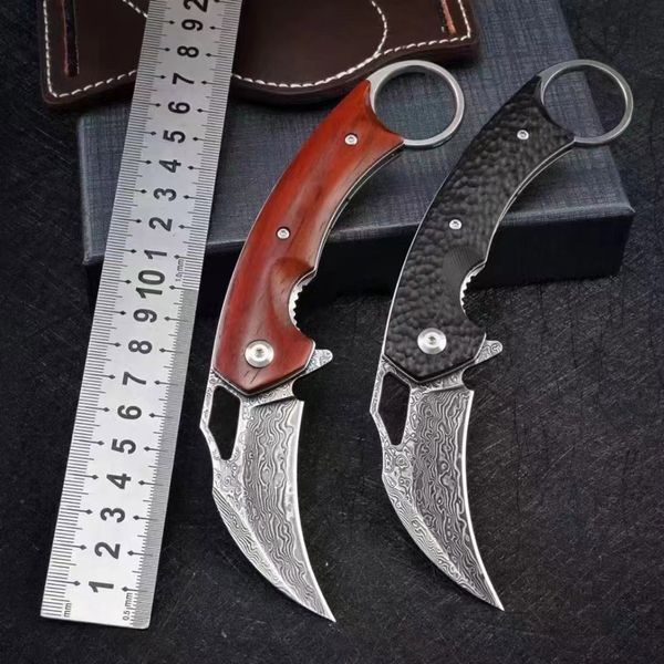 Geschmiedetes VG10 Damaskus-Klauen-Klappmesser, partikulärer Ebenholzgriff mit Lederscheide, Outdoor-Jagd, Selbstverteidigung, taktische Taschen-Camping-EDC-Messer