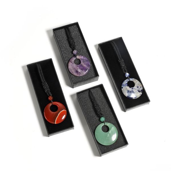Colares de pingentes de pedra natural colar de moedas sortudas para homens reiki curando jóias de cristal de rosca redonda