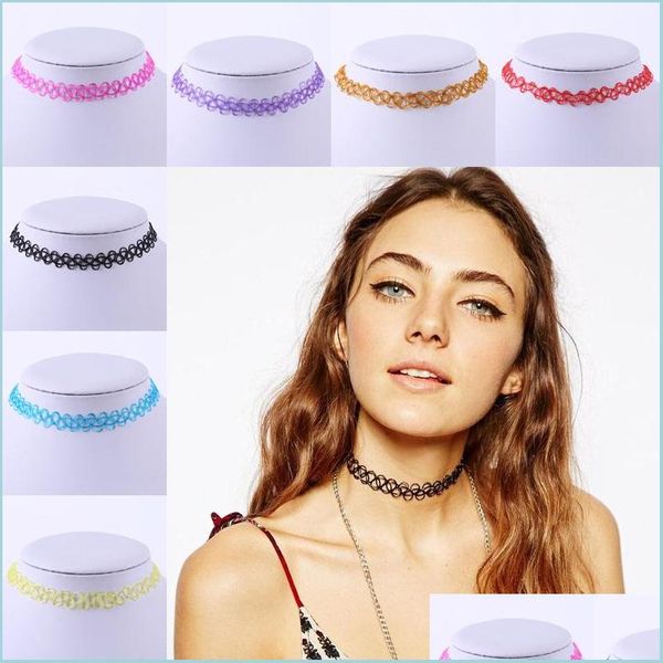 Chokers Fashion Handmade Vintage Hippy Stretch Tattoo Charking Colar Linha Elastic Line Punk Grunge Declaração Jóias para Mulheres Dhv4a