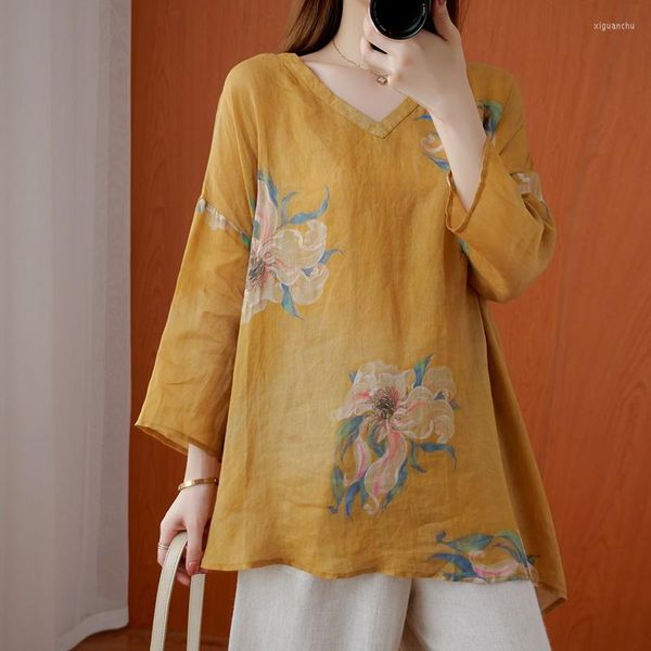 Abbigliamento etnico Donne di stile cinese Retro Qipao Top 2022 Estate Lino Stampa floreale vintage Tee Shirts Hanfu T-shirt KK4106