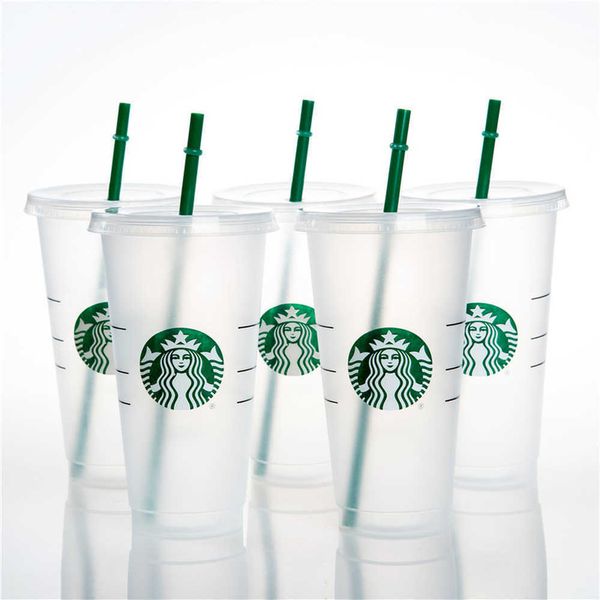 Tazze Starbucks 24 once/710 ml Tazze di plastica Bicchiere Sirena Dea Cambia colore Riutilizzabile Trasparente Bere Fondo piatto Coperchio a forma di pilastro Tazze di cannuccia HQEA