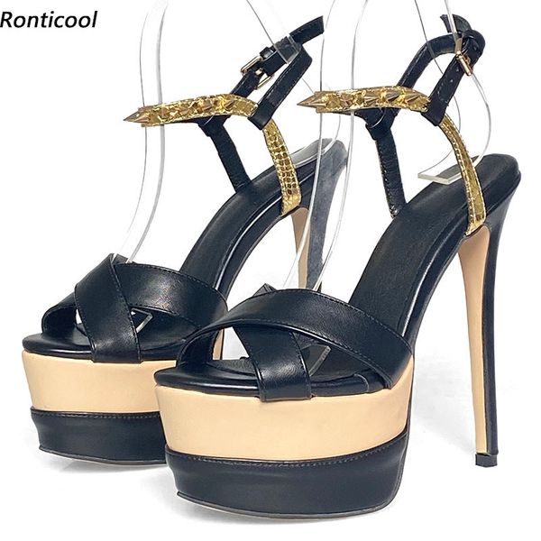 Ronticool Neue Damen-Plattform-Sommersandalen mit Nieten aus Kunstleder, Stiletto-Absätze, offene Zehen, elegante schwarze Club-Schuhe, US-Größe 5–20