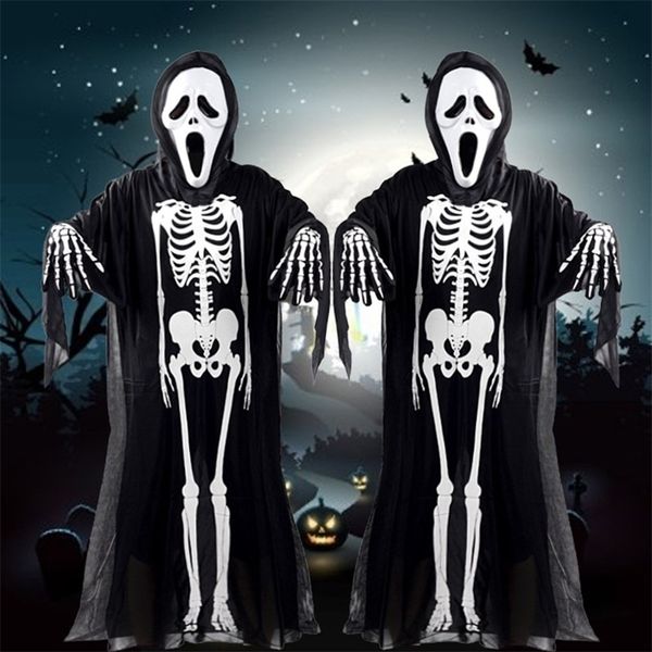 Fantasia de tema Halloween Skull Skeleton Demon Ghost Cosplay S Adultos Crian￧as Crian￧as Carnaval Dress Vestes Restas M￡scara de Aparecimento 221124