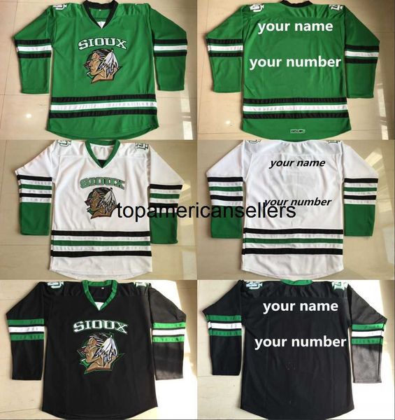 Camisa de hóquei Sioux masculina personalizada personalizada North Dakota Fighting Sioux com qualquer nome, número, verde, branca, preta, costurada