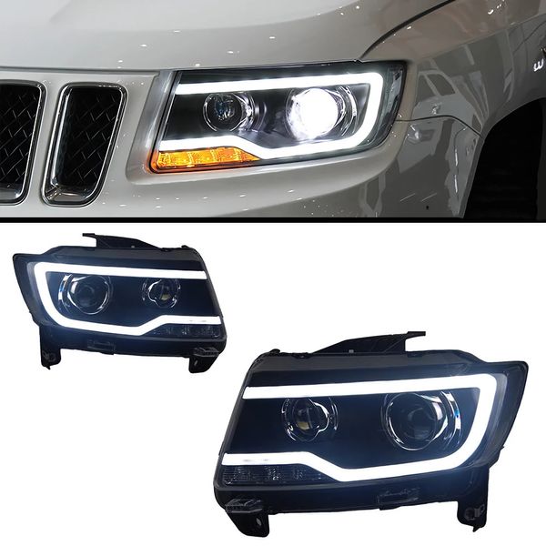 2 peças de luz principal do carro para bússola 20 11-20 16 grand cherokee modificado lâmpadas led faróis drl projetor duplo facelift