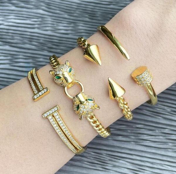 4 Stile Offenes Diamant-Nagel-Armband Hip-Hop-Gold-Leoparden-Kopf-Armband Modischer Armreif für Männer Frauen Modeschmuck