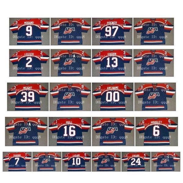 College Hockey indossa maglie vintage della squadra USA del 2002 9 MIKE MODANO 97 JEREMY ROENICK 2 BRIAN LEETCH 13 BILL GUERIN 39 DOUG WEIGHT Maglia da hockey personalizzata blu