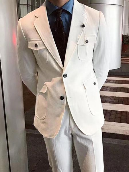 Ternos masculinos brancos 2 peças Men Suje Modern Blazer calças de blazer único Soletomizado de lapela de lapela fita Use casamento no noivo