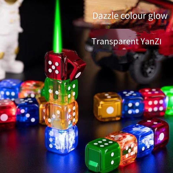 Creative Dice LED-Blinkfeuerzeug, nachfüllbar, Butan-Feuerzeug, blaue grüne Flamme, winddichtes Acryl-Feuerzeug, Zigarettenzubehör, lustiges Geschenk