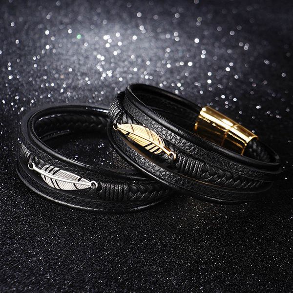Gold Stainless Steel Feather Charm Bracelet Bangle Cuff Multilayers Wrap Genuine Leather Bracelets Wristband for Men Fashion Jewelry