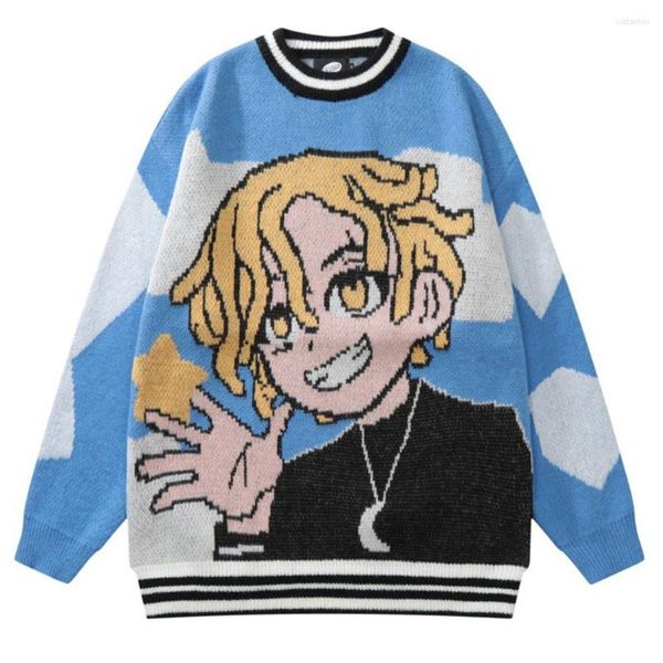 Suéteres de desenho animado personagem de anime Jacquard Knit Sweater de tendência masculina com mangas compridas no pescoço redondo pullover adolescente de outono top casual