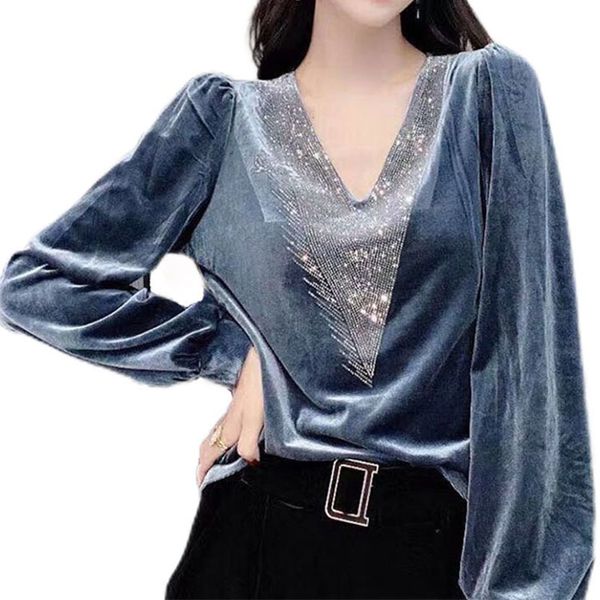 Kadınlar bluz gömlekleri altın kadife longsleeves en iyi sonbahar kış moda batı tarzı vneck kadın iç ince fit dipin gömlek 221124