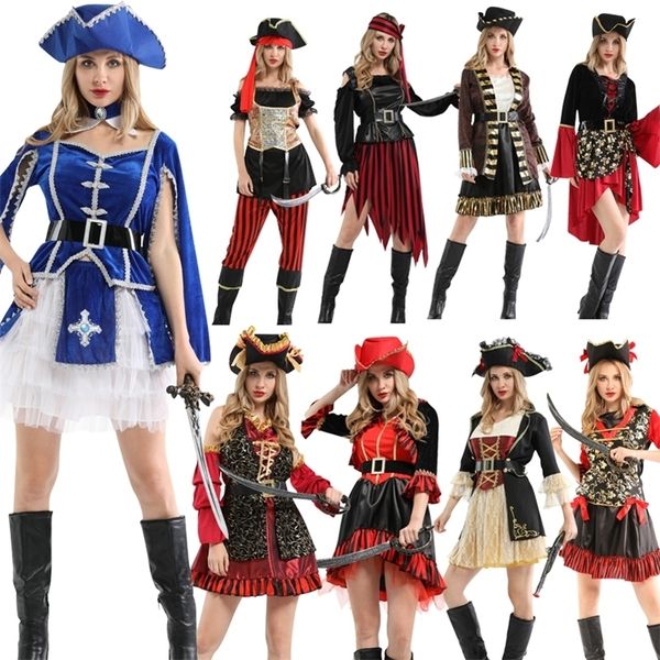 Fantasia de tema Halloween pirata cosplay figurmes piratas caribeanos com chapéu headwears carnival Party feminino adulto natal sem armas 221124
