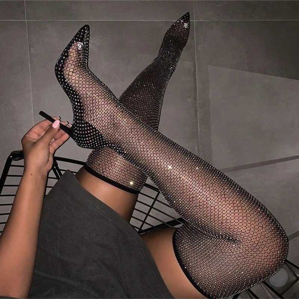 Сапоги Женская обувь Осень Сексуальные женские носки в сеточку с кристаллами на высоком каблуке Сандалии в сеточку Длинные боты 2022 Лето выше колена Игристое J220923