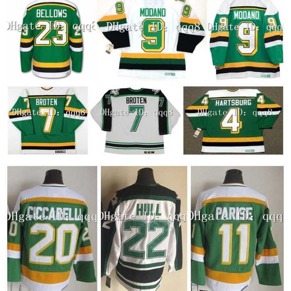 O hóquei da faculdade usa vintage Mike Modano Hockey Jersey Dino Ciccarelli Broten J.P. Parise Craig Hartsburg Brian Brians Jon Casey Brett Hull Green White