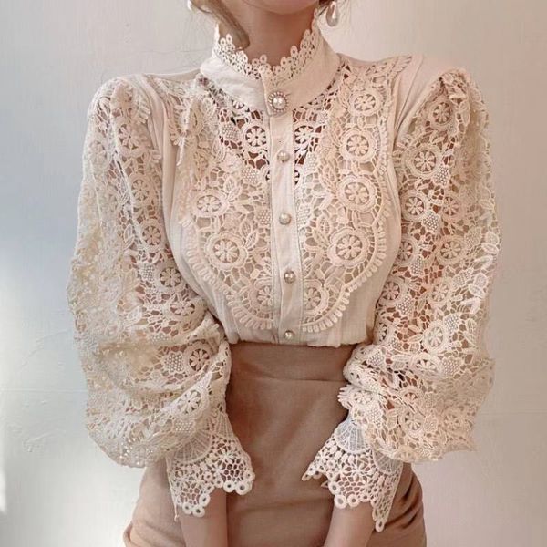 Kadın Tulumları Seksi Çiçek Dantel Bluz Kadın Kore Stil Stand Yaka İçi Out Zarif Beyaz Gömlek Bahar Sonbahar Moda Bayanlar 221123