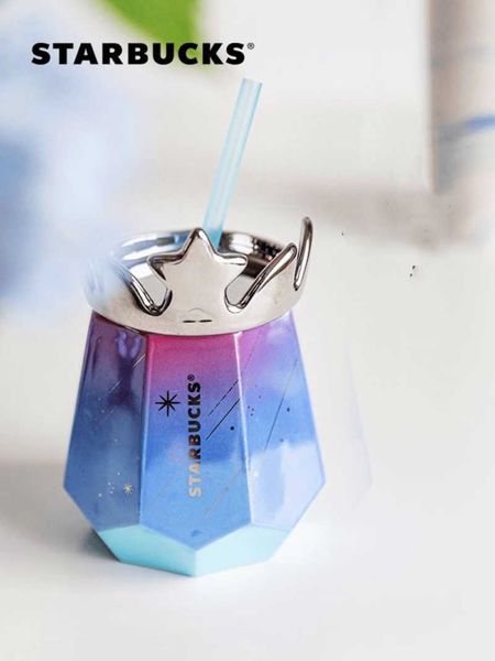 2021 Sommer Starbucks Starry Sky Crown Kaffeetasse 445 ml Blau Lila Farbverlauf Desktop Keramik Stroh Tasse Geschenk T9U2