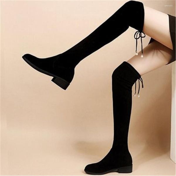 Сапоги осенняя зима над коленом Женщины растягивают ткань высокая сексуальная обувь женская длинная бота феминина Zapatos de Mujer Eu 33-42