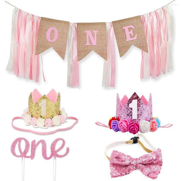 Decoração de festa 1º Banner Banner Highchair Baby's First One Surlap Cake Supplies 3pcs