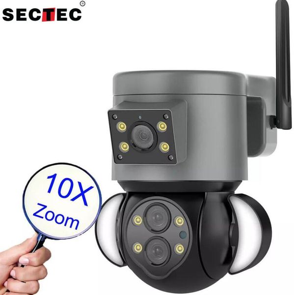 WIFI-Kameras mit zwei Objektiven, intelligente Flutlichtkamera, 10-facher optischer Zoom, 4 MP, Beleuchtung, Kugelgestänge, Überwachung, IP-Kamera, wasserdicht, SECTEC