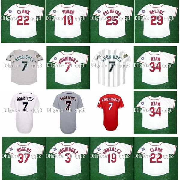 O beisebol da faculdade usa vintage 1995 Ivan Rodriguez Jerseys Juan Gonzalez Adrian Beltre Rafael Palmeiro Michael Young Will Clark Alex Rodriguez Nolan Ryan Rogers