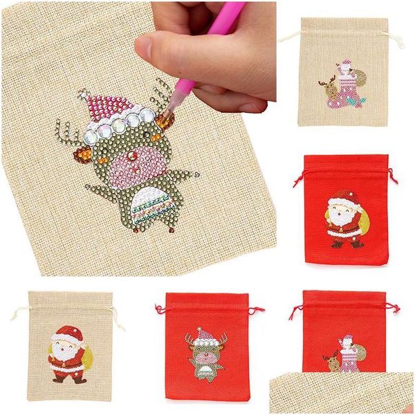 Decorazioni natalizie Decorazioni natalizie Sacchetti regalo pittura con diamanti Er Merry Xmas Candy Dstring Bag Anno Decorazione della tavolachristma Dhe4R