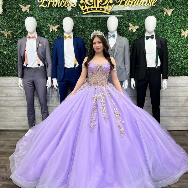 Lavanda Dolce Abiti Quinceanera Per Le Ragazze Del Messico Appliques Paillettes Dell'innamorato Della Principessa Abiti di Sfera Abiti da Festa