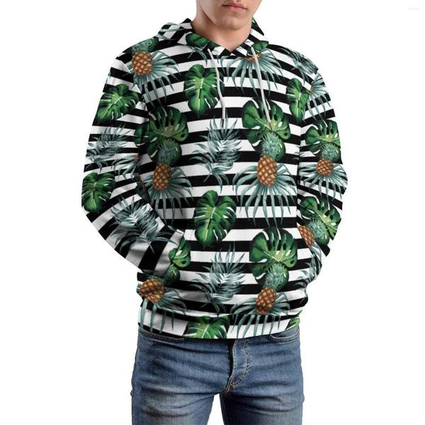 Felpe con cappuccio da uomo Tropical Pineapple Casual Black Stripes Stampa Funny Design Felpe con cappuccio Uomo manica lunga Streetwear Felpa con cappuccio oversize