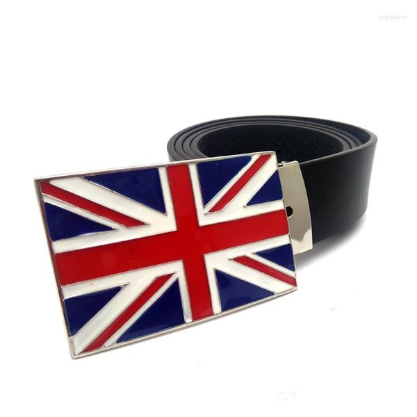 Belts União Britânica Jack Flag do United Kingdon Inglaterra Metal Metal Mens Black PU Leather for Men Jeans Hebillas Cinturon