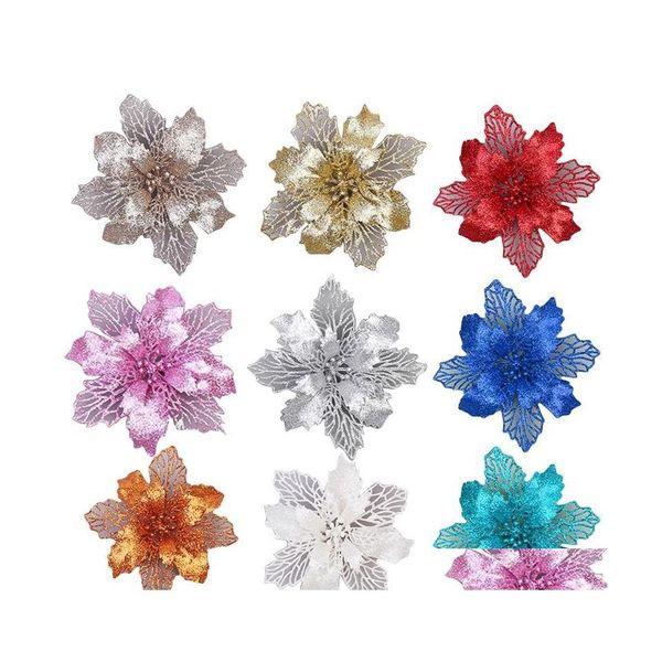 Decorações de Natal Decorações de Natal 10pcs 11cm Big Artificial Glitter Flower Tree Pingents Ornament Diy Xmas Party Decoratio Dh5co